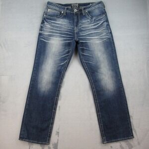 Salvage Anarchy Straight Relaxed Fit Jeans Mens 35x31 Blue Whiskered Buckle SLVG